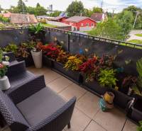 Jedinečný 3-izbový apartmán s balkónom, 71 m², Nový Ružinov - Balkón s kvetmi, ratanovým nábytkom a výhľadom na zeleň v 3-izbovom byte.