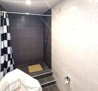 Dvojgeneračný RD, Bystré, pozemok 830 m², 3D - Kúpeľňa v rodinnom dome s čierno-bielymi dlaždicami a sprchovacím kútom.