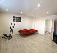 Dvojgeneračný RD, Bystré, pozemok 830 m², 3D - Izba v rodinnom dome, posteľ, eliptický trenažér, váza, okno so žalúziami, obraz.