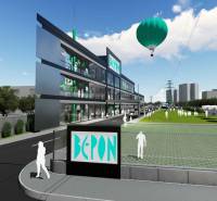 Stavebný pozemok 5.510 m2 so stavebným povolením pri Panónskej ceste  - Vizualizácia komerčného komplexu s zeleňou a balónom v Bratislave - Petržalke, Panónska cesta.