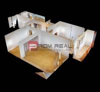 Predaj 3i, 74m2 bytu s výhľadom na Draždiak, Bratislava - 3D pôdorys 3-izbového bytu s drevenými podlahami a svetlými stenami.