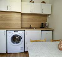 Prenájom pekný 1 izbový byt, Bratislava II. Vrakuňa, Bieloruská ulica - Kuchyňa v 1-izbovom byte s bielymi skrinkami, práčkou, umývadlom a jedálenským stolom.