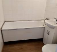 Prenájom pekný 1 izbový byt, Bratislava II. Vrakuňa, Bieloruská ulica - Kúpeľňa v 1-izbovom byte s vaňou, umývadlom a toaletou, dlažba dreveného vzhľadu.