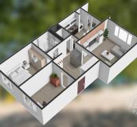 Krásny 3-izbový byt s LODŽINOU a PIVNICOU blízko Draždiak - 3D pôdorys 3-izbového bytu s obývačkou, kuchyňou, spálňou a kúpeľňou.