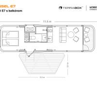 Mobilný dom VESSEL E7 s balkónom, 38 m2 - Podorys plavidla Vessel E7 s balkónom, dĺžka 11,5 m, šírka 3,3 m.