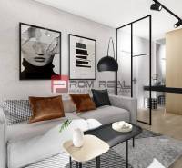 Predaj 2-izbový byt od 140 999 € v projekte Rezidencia Potôčik - Obývacia izba 2-izbového bytu s pohovkou, modernými plagátmi a drevenou podlahou.