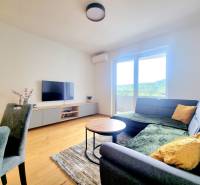 | EXKLUZÍVNE! | Krásny NOVÝ 2-izbový byt | 48m² | Čerešne - Obývacia izba v 2-izbovom byte s pohovkou, televízorom a veľkým oknom na terasu.