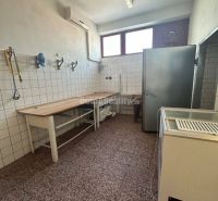 Dobré reality - Polyfunkčný objekt na predaj - Miestnosť v budove s dlažbou, pracovným stolom a chladničkou.