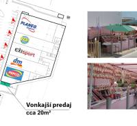 Obchodné priestory na prenájom v nákupnom centre RGB Javorina - Plán obchodných priestorov na ulici Trenčianska, vrátane exteriérového predaja cukroviniek.
