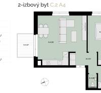 Na predaj 2-izbový byt s balkónom - A4 - Pôdorys zobrazuje 2-izbový byt so spojenou kuchyňou a obývačkou, a balkónom.