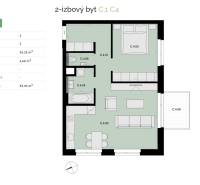 Na predaj 2-izbový byt s balkónom - C4 - Návrh 2-izbového bytu zahrňujúci spálňu, obývačku, a balkón s plochou.