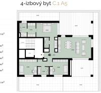  4-izbový PENTHOUSE, PEKNÁ CESTA - RAČA - A5 - Pôdorys zobrazuje 4-izbový byt s priestrannými terasami na piatom poschodí.