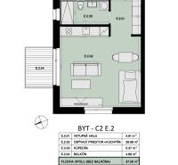 Na predaj 1-izbový byt s balkónom - E2 - Pôdorys zobrazuje 1-izbový byt s obývacím priestorom, kuchyňou, kúpeľňou a balkónom.