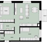 Na predaj 3-izbový byt s balkónom - B3 - Pôdorys a 3-izbový byt ukazuje rozloženie izieb, kuchyňu a terasu.