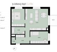 Na predaj 3-izbový byt s balkónom B1 - Pôdorys bytu: 3-izbový byt s balkónom na prvom poschodí, plocha 71,95 m².