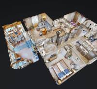4-izbový rodinný dom v tichom prostredí - 3D pôdorys rodinného domu so zariadenou kuchyňou, obývačkou, spálňou a kúpeľňou.