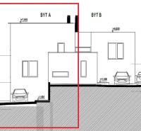 Na predaj slnečný rodinný dom v Rači - Architektonický nákres zobrazuje rez budov Byt A a Byt B. Viacpodlažný rodinný dom.