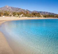NA PREDAJ - BYT, APARTMAN, VILLA v MARBELLA - Pláž s palmami, tyrkysové more a hory v pozadí, dokonalá destinácia pre oddych.
