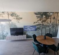 PRENAJATÉ - PRENÁJOM, BOTTOVA, STARÉ MESTO - 2 IZBOVÝ BYT - Obývačka s okrúhlym stolom, kreslami, televízorom a tapetou so stromami, 2-izbový byt.
