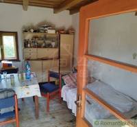 Veľký, vyše 4,5Ha slnečný pozemok s chalupou v strede, na lazoch, pri  - Interiér chaty s jedálenským stolom, kreslami, posteľou a skrinkou, podlaha s dreveným dekorom.