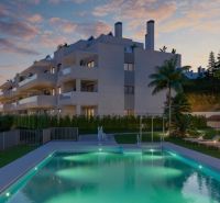 Moderné bývanie pri mori a golfe – La Cala de Mijas - Pohľad spoza bazéna na apartmánový komplex s terasami na Calle Aralia v El Faro.