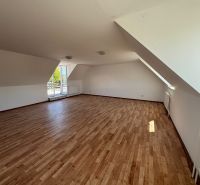 6-izbový rodinný dom s pozemkom 2218m2  | Horňany - Podkrovná izba v rodinnom dome s podlahou s dreveným dekorom, priestranné okno na terasu.