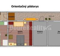 PREDAJ: Drevenica pri Ždiarskom potoku s príjemnou verandou, 135 m2, P - Orientačný pôdorys chaty s obývačkou, spálňou, kúpeľňou, verandou, komorou, garážou a skladom.