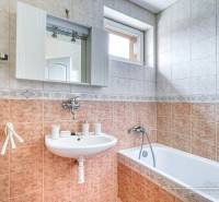 5-izbový rodinný dom s dvomi garážami v obci Špačince - Kúpeľňa v rodinnom dome s umývadlom, zrkadlom, vaňou a oknom nade dverami.