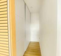 NA PRENÁJOM NOVOZREKONŠTRUOVANÝ 2-IZBOVÝ BYT, UL. ROŽŇAVSKÁ - Chodba s podlahou s dreveným dekorom a vstavanou skriňou v 2-izbovom byte.