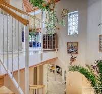 7-izbový rodinný dom s úžasným výhľadom v prestížnej lokalite Devín - Interiér chaty s rastlinami, drevenými schodmi a dekoráciami na stenách.