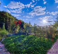 7-izbový rodinný dom s úžasným výhľadom v prestížnej lokalite Devín - Záhrada chaty v Bratislave - Devíne s chodníkom a bujnou výsadbou pod modrou oblohou.