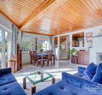 Rekreačná chata s úžasným výhľadom v prestížnej lokalite Devín - Obývacia izba v rodinnom dome s krbom, modrou pohovkou a jedálenským stolom.