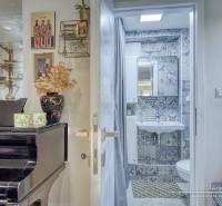 Rekreačná chata s úžasným výhľadom v prestížnej lokalite Devín - Interiér chaty s klavírom, dekoráciami a kúpeľňou s mozaikovými obkladmi.