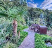 Rekreačná chata s úžasným výhľadom v prestížnej lokalite Devín - Rodinný dom v Bratislave - Devíne s terasou, záhradou a palmou s výhľadom na les.