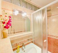 NA PRENÁJOM PRIESTRANNÝ 3-IZBOVÝ BYT V SKVELEJ LOKALITE, UL. SLOBODY - Kúpeľňa v 3-izbovom byte s umývadlom, sprchovým kútom a svetlou dlažbou.