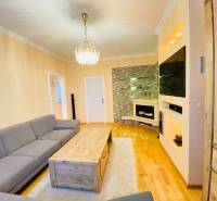 NA PRENÁJOM PRIESTRANNÝ 3-IZBOVÝ BYT V SKVELEJ LOKALITE, UL. SLOBODY - Obývacia izba v 3-izbovom byte s podlahou s dreveným dekorom, krbom a sedačkou.