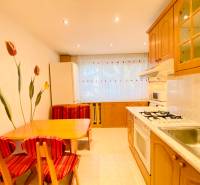 NA PRENÁJOM PRIESTRANNÝ 3-IZBOVÝ BYT V SKVELEJ LOKALITE, UL. SLOBODY - Kuchyňa v 3-izbovom byte s jedálenským stolom a nástennými dekoráciami tulipánov.