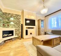 NA PRENÁJOM PRIESTRANNÝ 3-IZBOVÝ BYT V SKVELEJ LOKALITE, UL. SLOBODY - Obývačka v 3-izbovom byte s krbom, pohovkou a podlahou s dreveným dekorom.