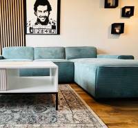 NA PRENÁJOM NADŠTANDARDNÝ 2-IZBOVÝ BYT V CENTRE MESTA - Obývačka v 2-izbovom byte s tyrkysovým gaučom, obrazom a podlahou s dreveným dekorom.