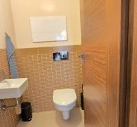 HD REALITY, Vám ponúka na Predaj 3-izbový Apartmán + Garážové státie - Kúpeľňa v 3-izbovom byte s podlahou s dreveným dekorom a nástenným umývadlom.