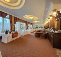 HD REALITY, Vám ponúka na Predaj 3-izbový Apartmán + Garážové státie - Luxusná miestnosť s barom, stolmi a koženými kreslami, podlaha s dreveným dekorom.