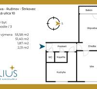 SEČOVSKÁ, 2-i tehlový byt, 56 m2, orientácia V a Z - OBKLOPENÝ ZELEŇOU - Pôdorys 2-izbového bytu na Sečovskej ulici, Bratislava - Ružinov s balkónom a pivnicou.