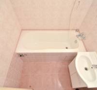 SEČOVSKÁ, 2-i tehlový byt, 56 m2, orientácia V a Z - OBKLOPENÝ ZELEŇOU - Kúpeľňa so sprchovým kútom a umývadlom s ružovým obkladom v 2-izbovom byte.