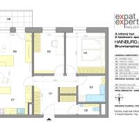 Slnečný 3i byt pod lesom, 74m2, balkón, parking, pivnica, Hainburg - Pôdorys 3-izbového bytu s balkónom, kúpeľňou a kuchyňou. Celková plocha 84,22 m².