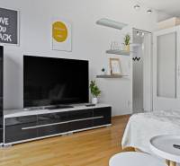 Slnečný 3i byt pod lesom, 74m2, balkón, parking, pivnica, Hainburg - 3-izbový byt s obývačkou, pohovkou a televízorom, podlaha s dreveným dekorom.