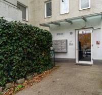 Slnečný 3i byt pod lesom, 74m2, balkón, parking, pivnica, Hainburg - Vstup do budovy na Hainburg, Brunnenstrasse, s listnatým plotom vedľa.