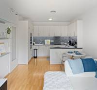 Slnečný 3i byt pod lesom, 74m2, balkón, parking, pivnica, Hainburg - Obývacia izba 3-izbového bytu s bielou kuchynskou linkou a podlahou s dreveným dekorom.