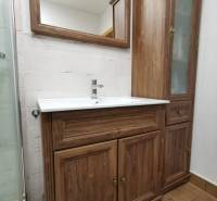 3 izbový byt Zlaté Moravce - Kúpeľňa s umývadlom, zrkadlom a dreveným nábytkom v 3-izbovom byte.