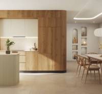 Novostavba, Apartmán Los Alcazáres, 85 m2, 2 spálne bazén  - Rekreačný apartmán s kuchynským ostrovčekom a jedálenským stolom, podlaha s dreveným dekorom.