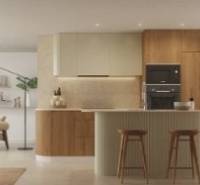 Novostavba, Apartmán Los Alcazáres, 85 m2, 2 spálne bazén  - Svetlý interiér Rekreačného apartmánu s výhľadom na more a podlahou s dreveným dekorom.